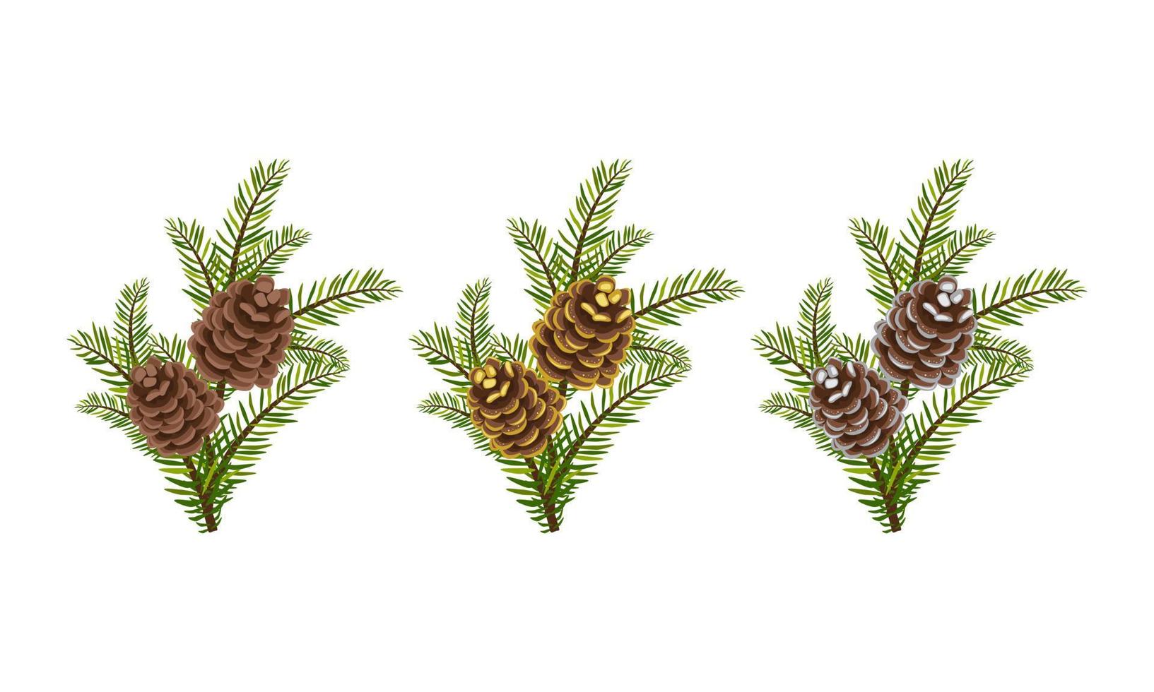 set van groene kerstspar takken met zilveren en gouden kegels met glitters. feestelijke interieurdecoratie voor het nieuwe jaar, element voor design kerstkrans op de deur. platte vectorillustratie vector