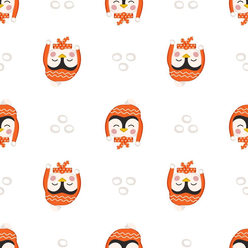 naadloos patroon met pinguïns in kinderstijl met decoraties voor de feestdagen voor nieuwjaar en kerstmis. feestelijke print van grappige dieren met petten en strikken. platte vectorillustratie vector