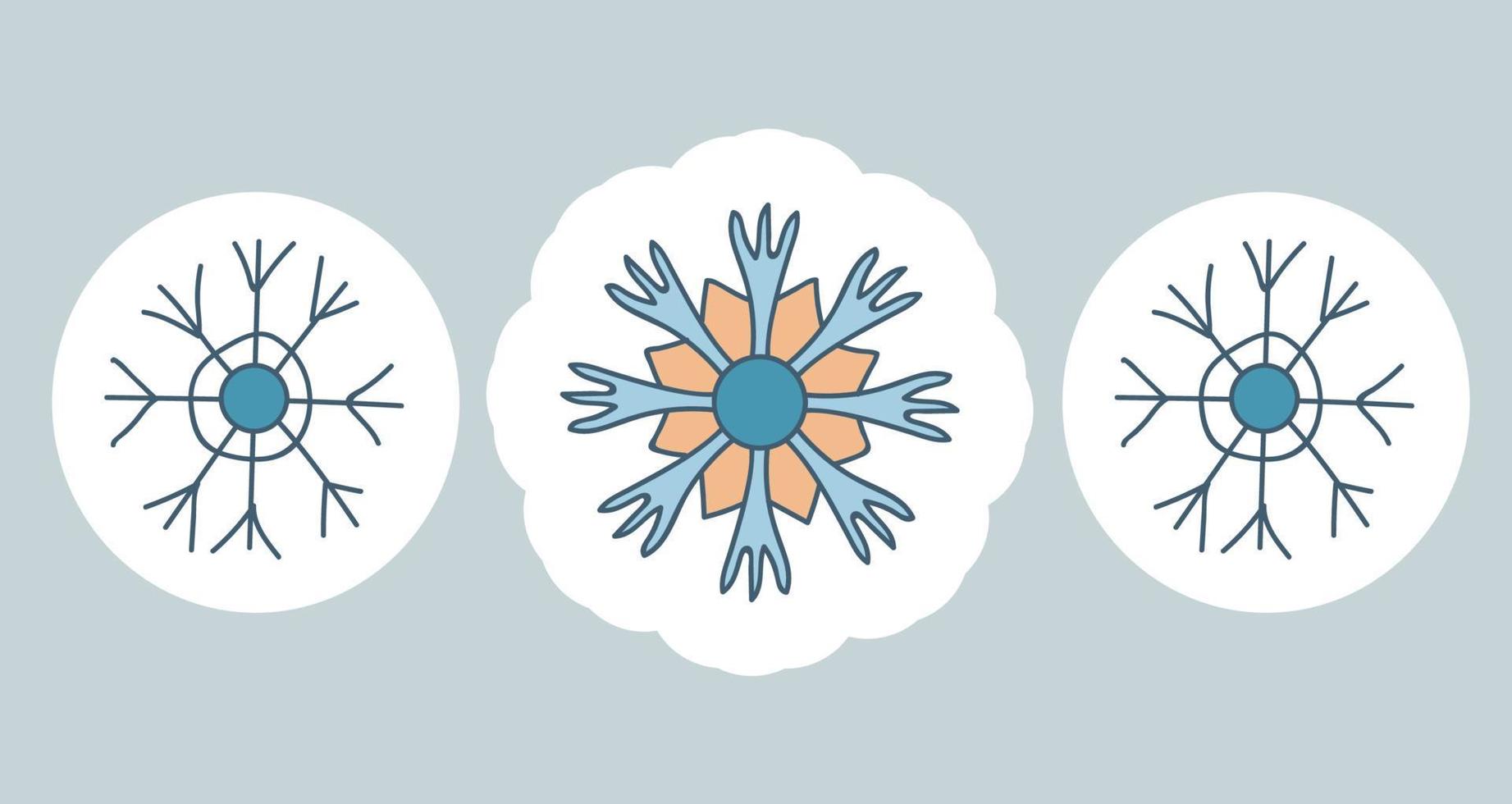 doodle sneeuwvlokken instellen. decor voor Kerstmis en Nieuwjaar ontwerp van kaarten, banners, websites, pictogrammen. woondecoratie en gezellige winter. vectorillustratie in Scandinavische, Scandinavische stijl. handgetekende lijntekeningen vector