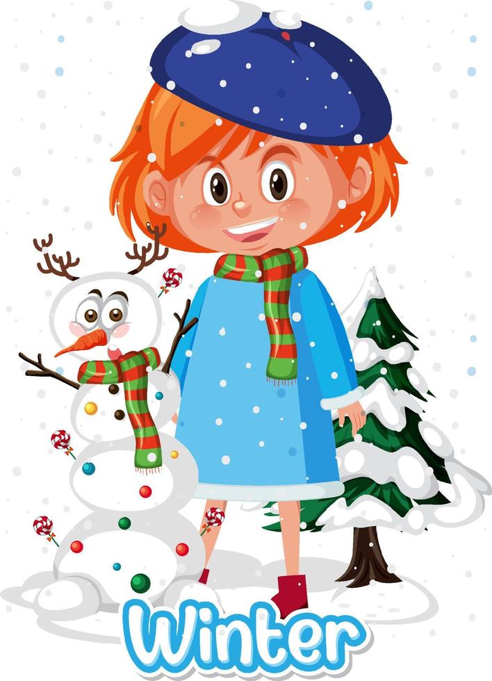 schattig meisje in winterkostuum met een sneeuwpop vector