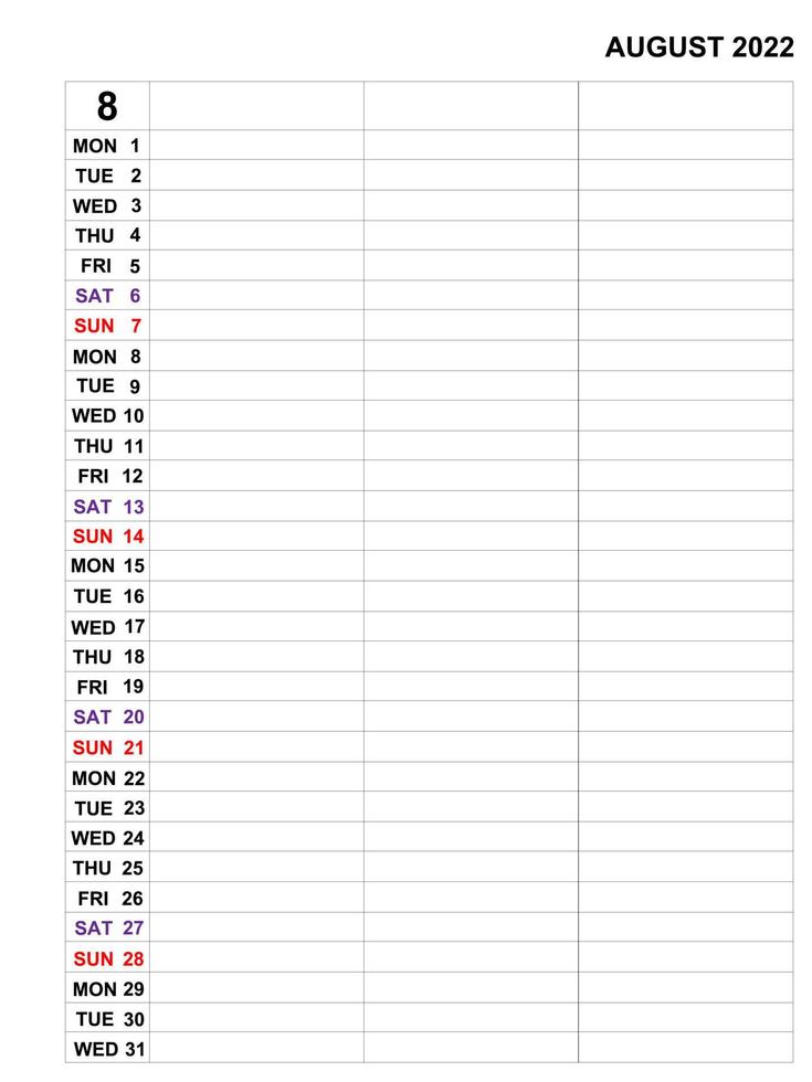 augustus 2022, kalendersjabloonontwerp voor zakelijke maandelijkse planner en notities. vector