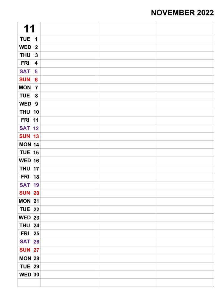 november 2022, kalendersjabloonontwerp voor zakelijke maandelijkse planner en notities. vector