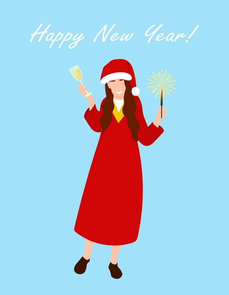 gelukkig nieuwjaar wenskaart vector sjabloon kleurrijke illustratie cartoon plat meisje met glas champagne proost nieuwjaarsviering