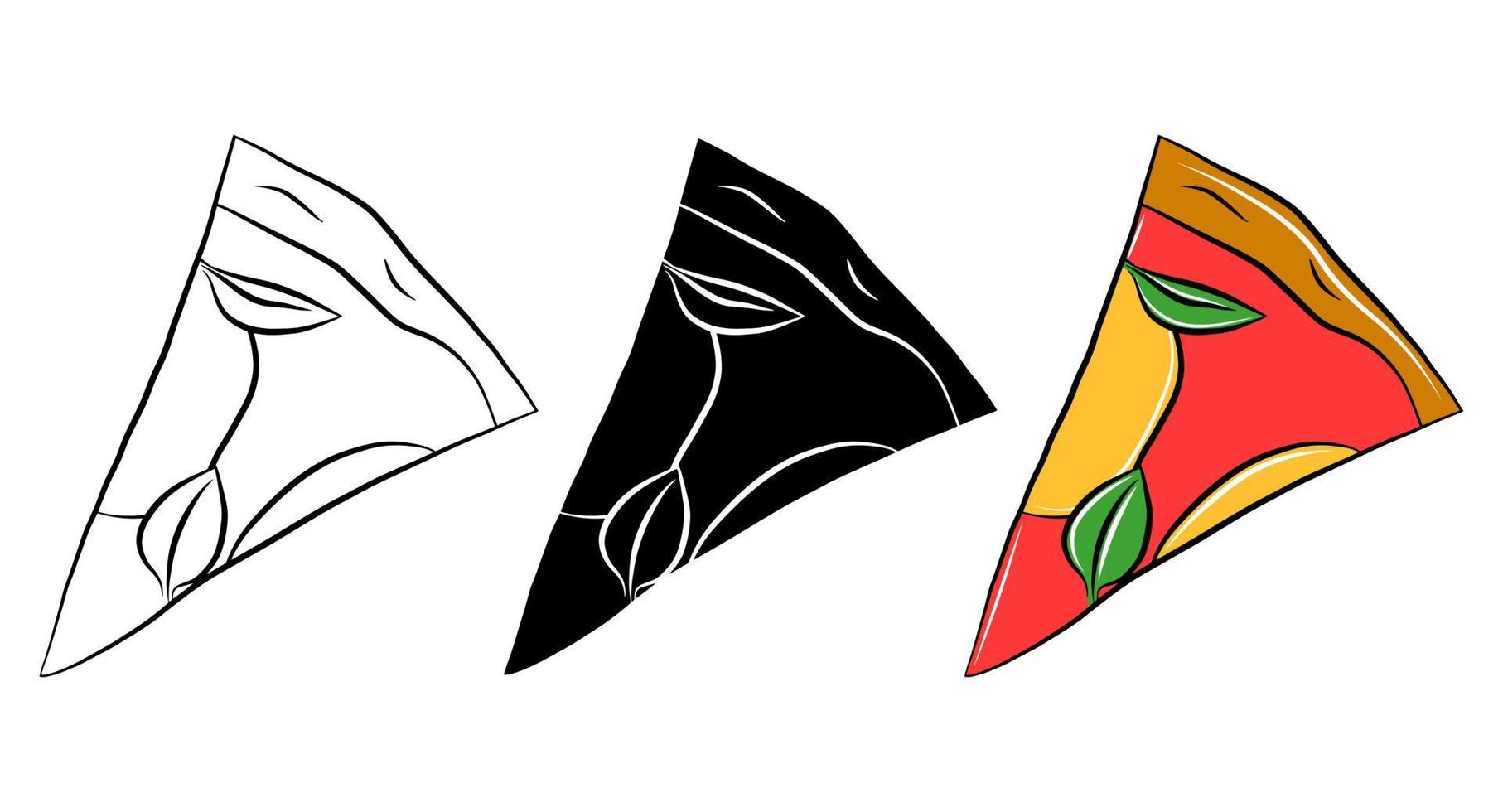 pizza segment geïsoleerde vector pictogram. fastfood cartoon overzicht schets set. pakket logo ontwerpelement. straat ongezond eten. maaltijdbezorging afdrukken. eenvoudig embleem sjabloon. grafisch zwart-wit menusymbool.