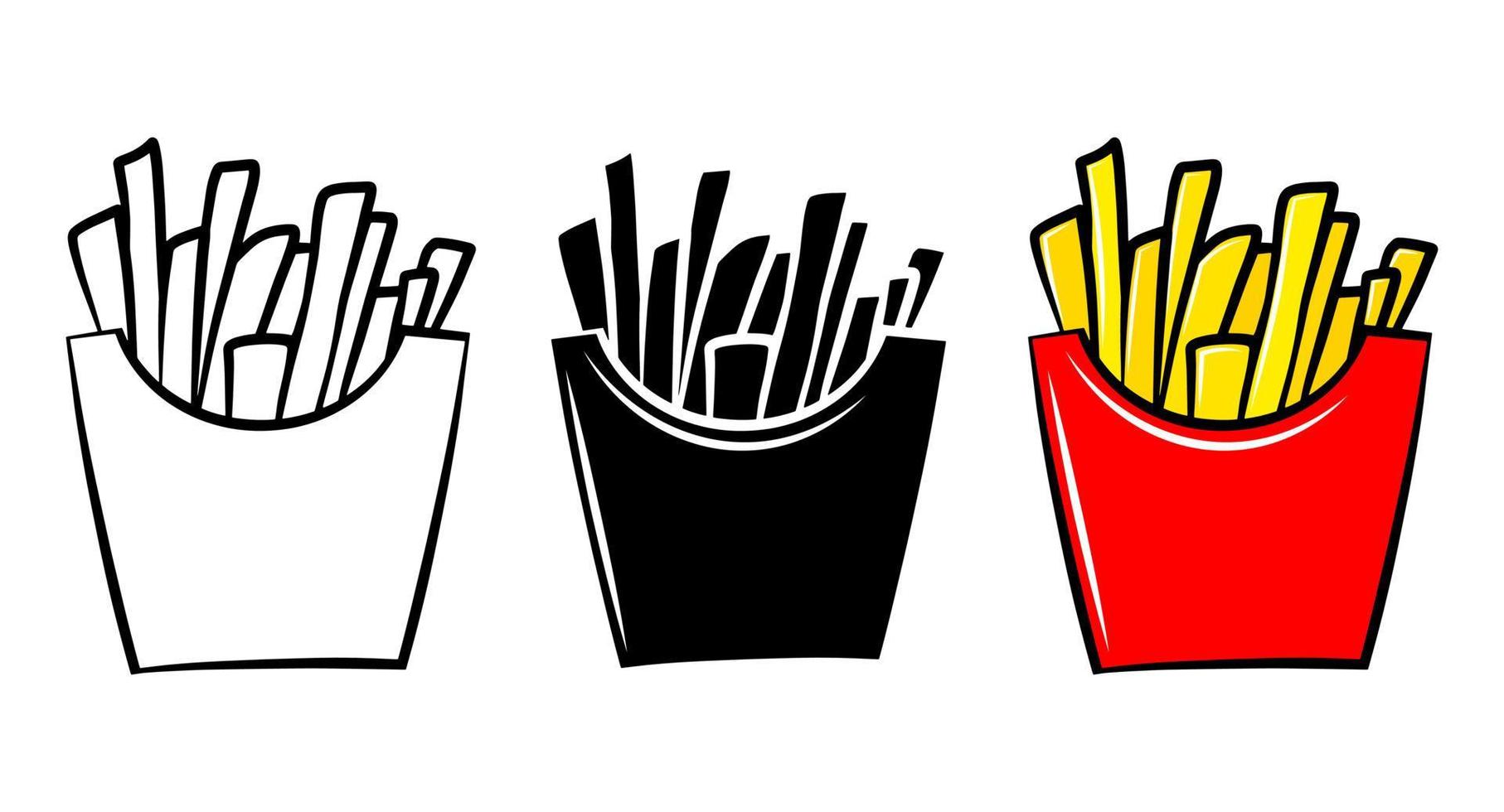 Franse frietjes geïsoleerde vector pictogram. fastfood cartoon overzicht schets set. pakket logo ontwerpelement. straat ongezond eten. smakelijke maaltijd afdrukken. eenvoudig embleem sjabloon. grafisch zwart-wit menusymbool.