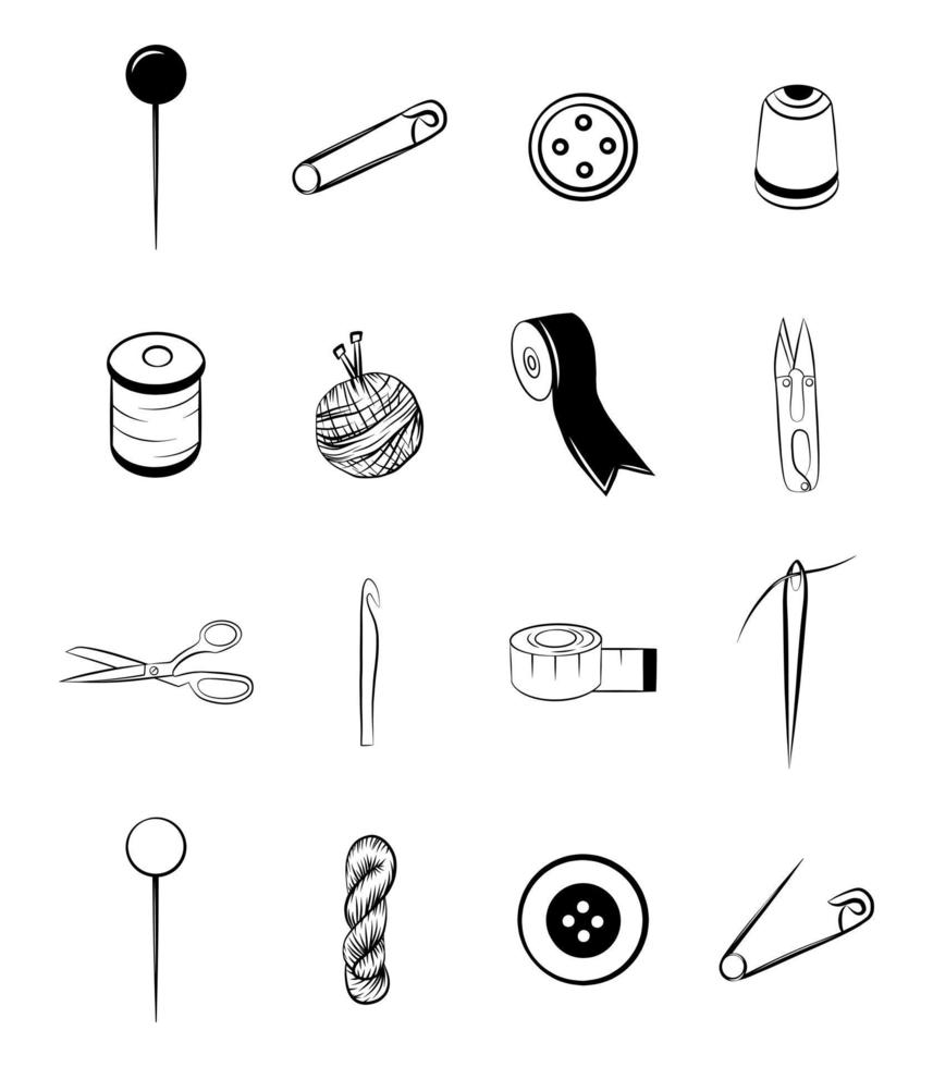 handgemaakt gereedschap pictogram set geïsoleerd grafisch overzicht vorm naaien naald knop roulette lint pin schaar garen haak breien draad ravel borduurwerk ambacht krabbel embleem teken illustraties vector