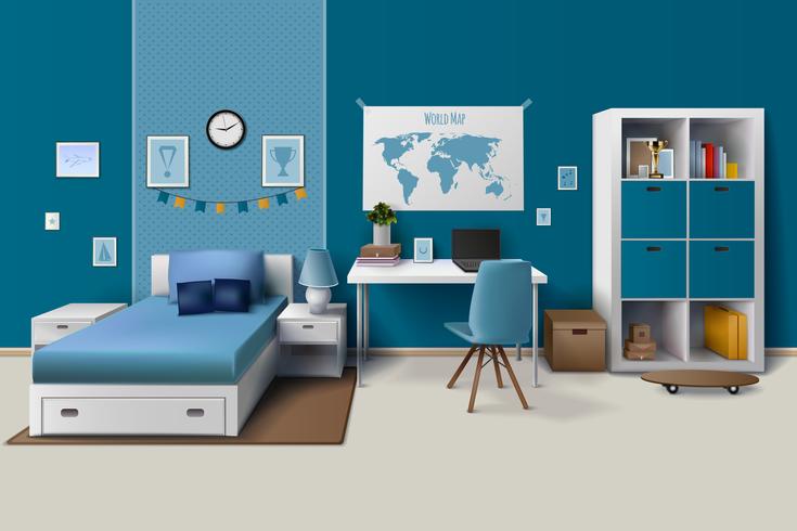 Tienerjongen kamer interieur realistisch beeld vector