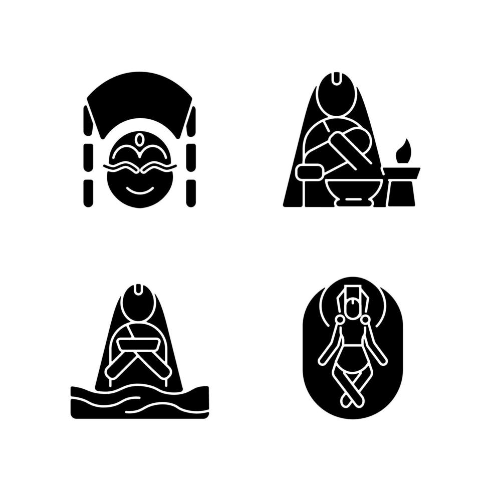 Nepal spirituele erfgoed zwarte glyph pictogrammen instellen op witte ruimte. kumari levende godin. traditie van babynamen. meditatie in het water. vishnu-heiligdom. silhouet symbolen. vector geïsoleerde illustratie
