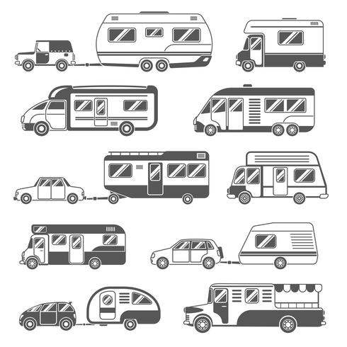 Campers Zwart Wit Icons Set vector