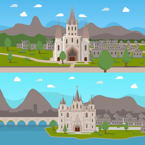 Middeleeuwse oude tempels Horizontale composities vector