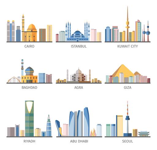 oostelijke stadsgezichten bezienswaardigheden vlakke pictogrammen collectie vector