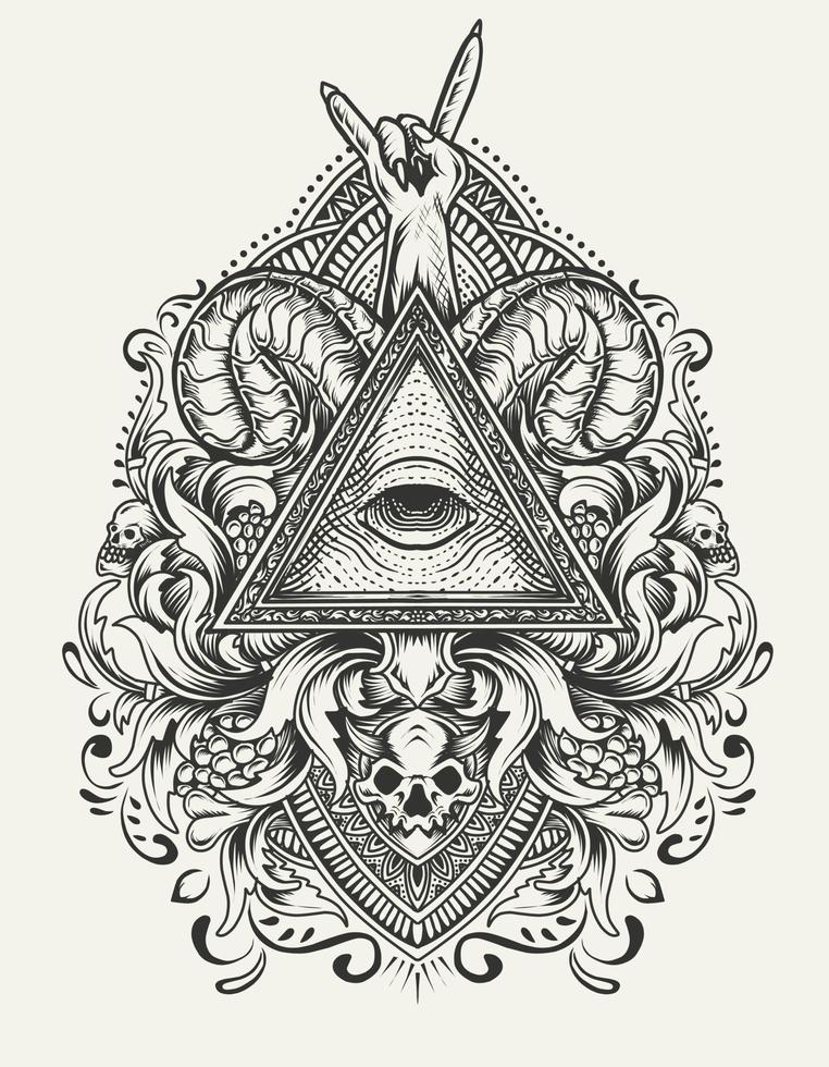 illustratie vector illuminati ogen met antieke gravure ornament