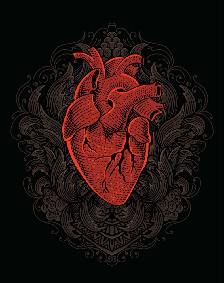 illustratie menselijk hart met gravure ornament vector
