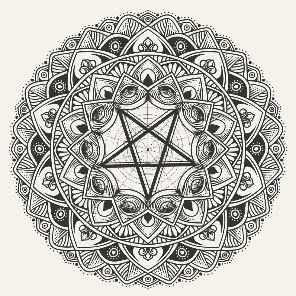 elegante cirkelmandala met pentagramsymbool op witte achtergrond vector