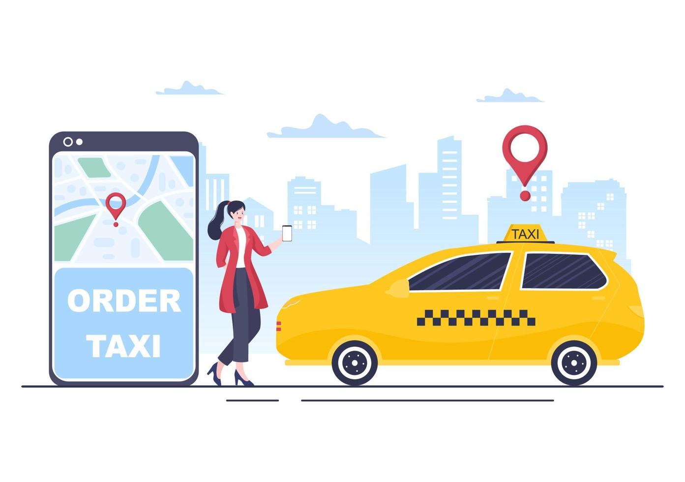 online taxi boeken reisservice platte ontwerp illustratie via mobiele app op smartphone iemand naar een bestemming brengen die geschikt is voor achtergrond, poster of banner vector