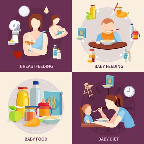 Babyvoeding 4 plat pictogrammen plein vector