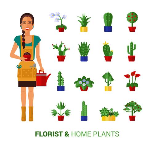 Bloemist en huis planten plat pictogrammen vector