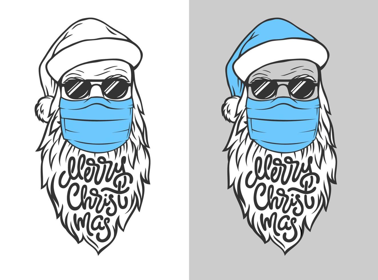 illustratie met de hand getekende kerstman in medisch masker met belettering vrolijk kerstfeest op geïsoleerde witte en grijze achtergrond. vector sjabloon voor kaart, spandoek, poster, advertentie, teken deur naar het nieuwe jaar.