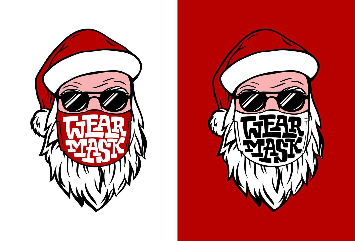 ansichtkaart met de hand getekende kerstman in medisch masker. belettering draag masker in wit en rood. vector sjabloon voor spandoek, poster, reclame, deur teken. illustratie voor Kerstmis en Nieuwjaar vakantie.