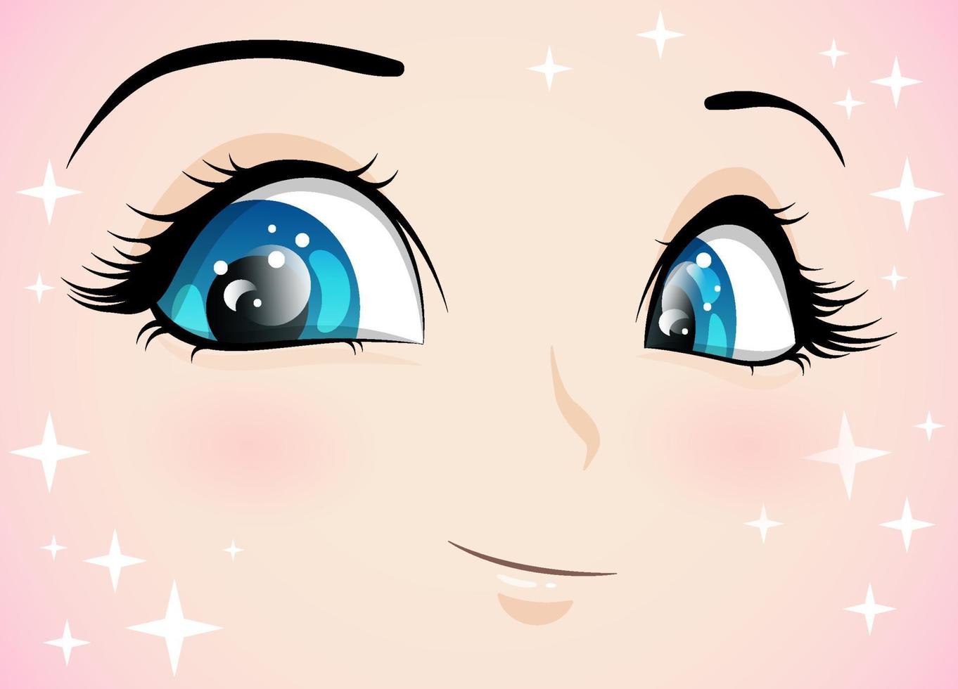 het gezicht van een meisje met een glimlach en blauwe ogen in anime-stijl. emotie van vreugde. vector