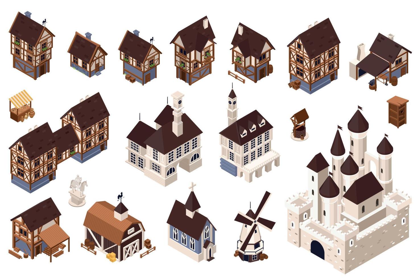 middeleeuwse architectuur iconen set vector