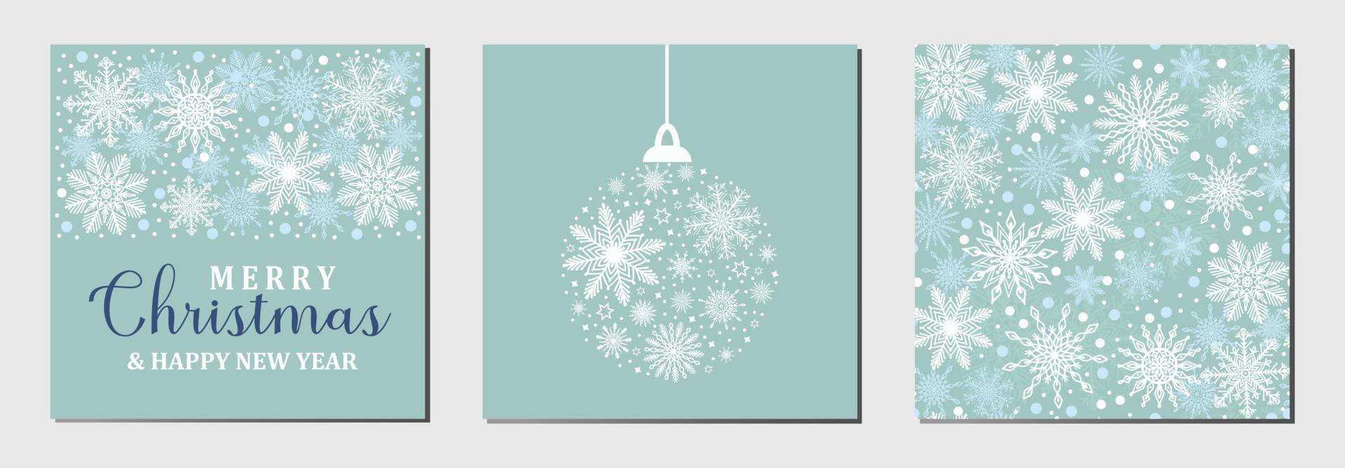 set van drie blauwe vakantie wenskaarten prettige kerstdagen en gelukkig nieuwjaar, patroon achtergrond met witte sneeuwvlokken en kerst bal silhouet. winter vierkante vector set sjabloon