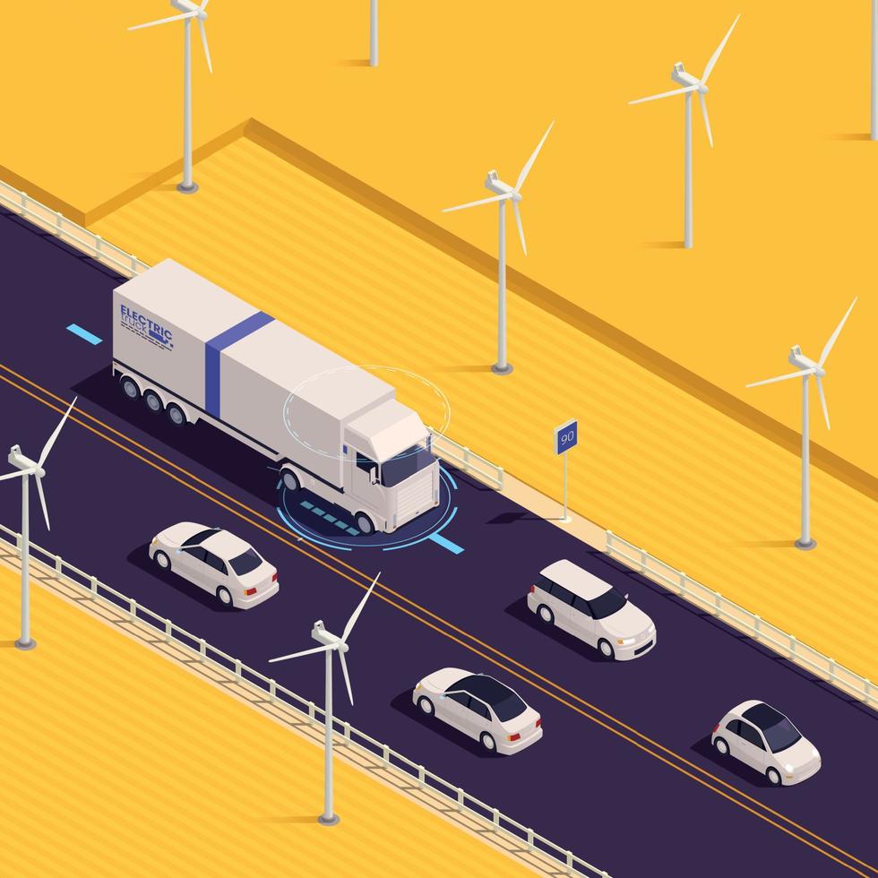 elektrische vrachtwagen isometrische samenstelling vector