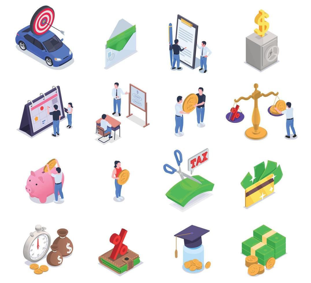 financiële educatie geletterdheid isometrische icon set vector