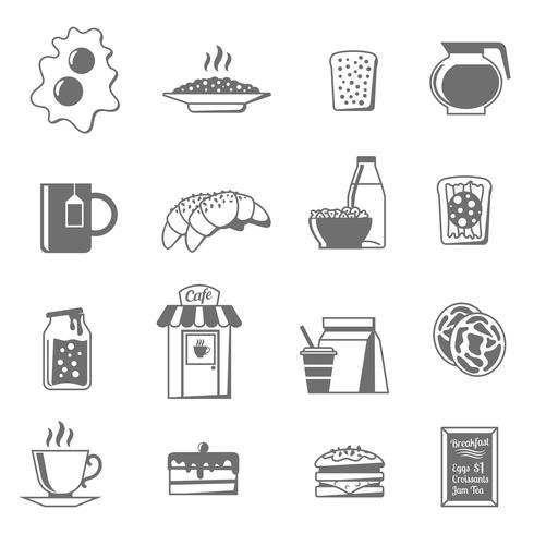Ontbijt zwart wit Icons Set vector