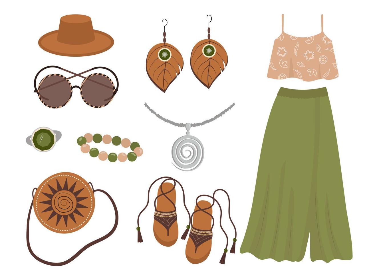 een set kleding en accessoires in een bohemien stijl. zonnebril, een hoed, een ring met een steen, een hanger aan een ketting, een armband, een ronde handtas met een patroon, veterschoenen, een roze topje met bandjes vector