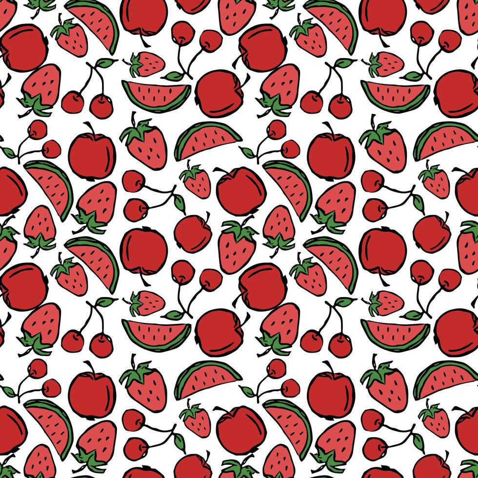 vector appel, kers, watermeloen, aardbei pictogrammen. gekleurd naadloos patroon met rode voedselpictogrammen