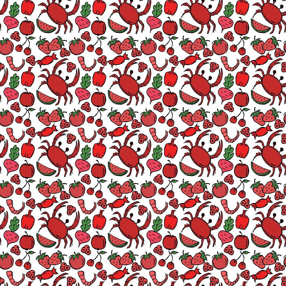 gekleurd naadloos patroon met rode voedselpictogrammen. geïsoleerde vector voedsel pictogrammen