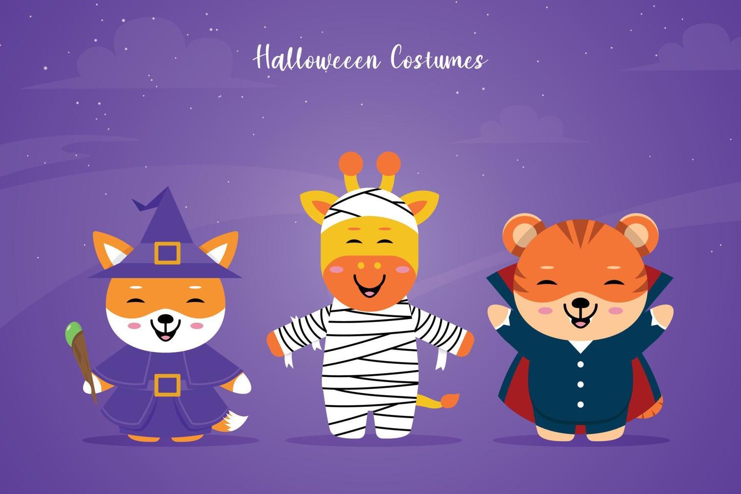 set dieren gebruiken kostuums voor halloween-feestvieringen, grappige kostuums met enge halloween-achtergronden. vector