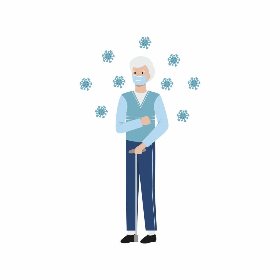 een oudere man heeft een coronavirus. een oude man tegen een achtergrond van virussen. vector plat karakter.