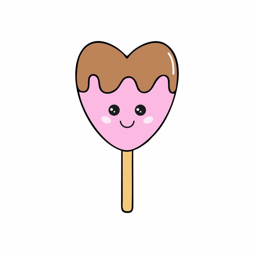 schattig ijsje in de vorm van een hart. ijs met chocoladesuikerglazuur. vectorillustratie van kawaii vector