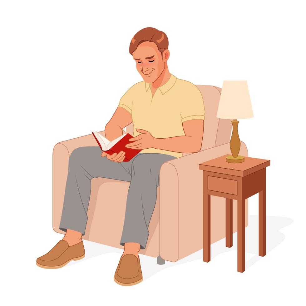 jonge man die een boek leest terwijl hij in de fauteuil rust. cartoon vectorillustratie geïsoleerd op een witte achtergrond. vector