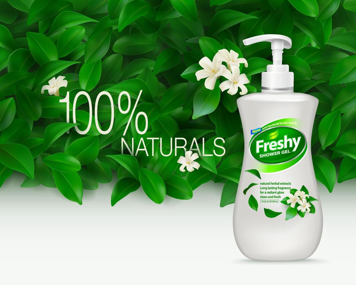 body wash advertentie met blad en bloem achtergrond. vloeibare zeepproducten gemaakt van natuurlijke extracten en geurige bloemen. realistisch eps-bestand. vector