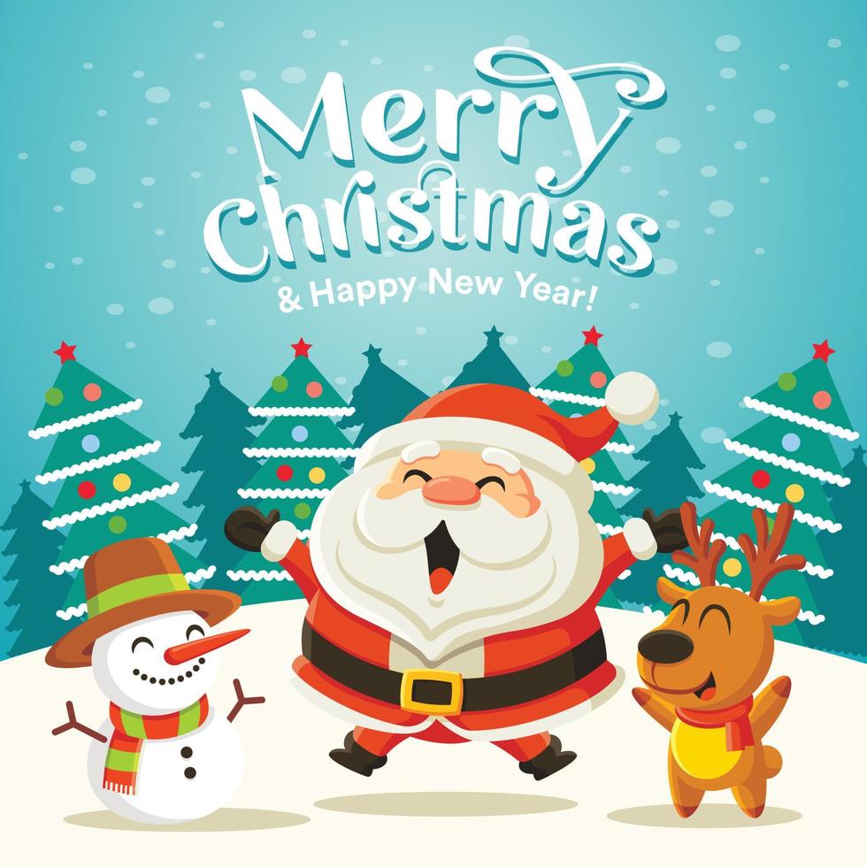 vrolijk kerstfeest wenskaart met cartoon kerstman, rendieren en sneeuwpop in sneeuw en kerstbomen landschap in het winterseizoen vector