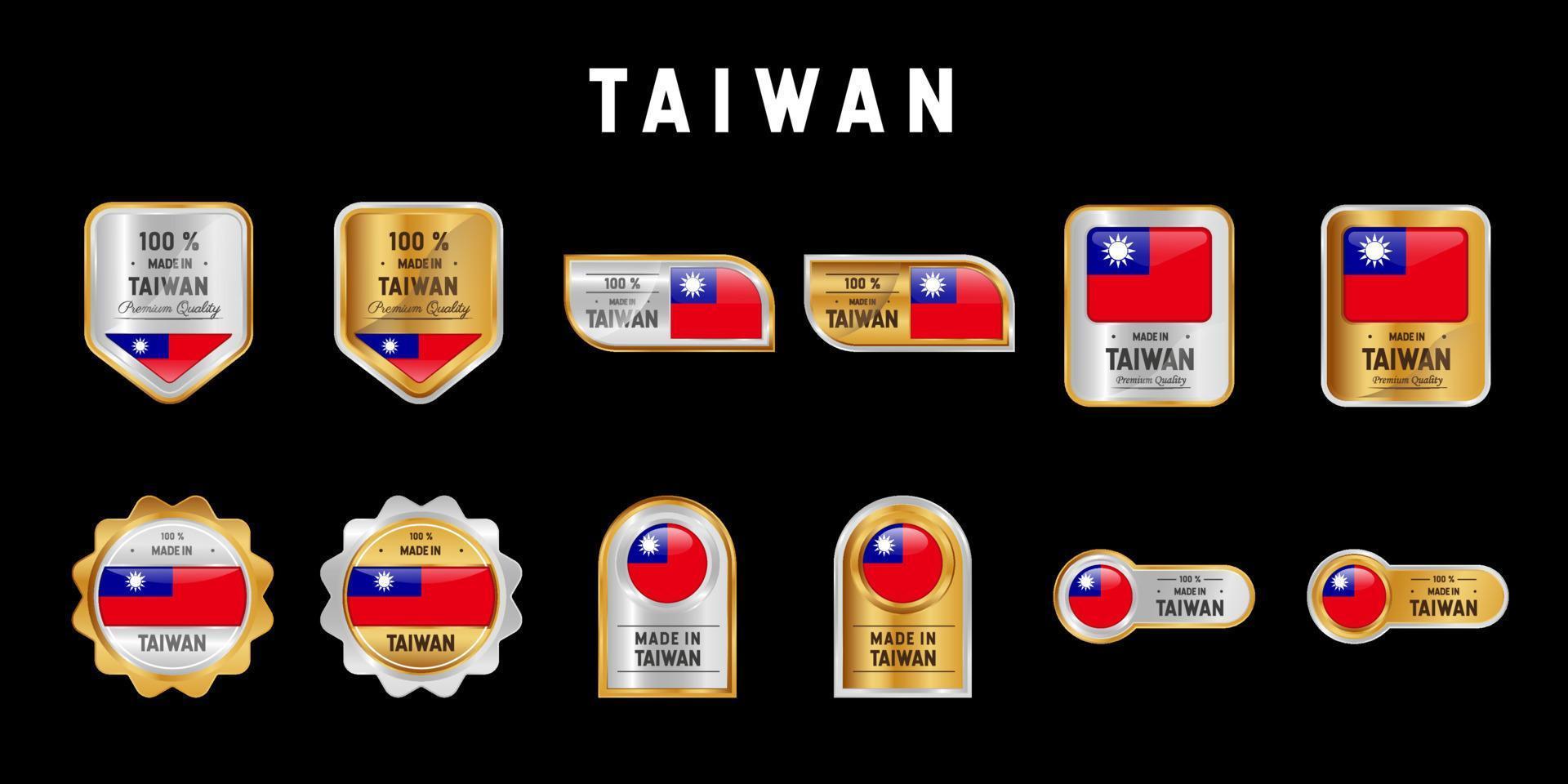 gemaakt in Taiwan label, stempel, badge of logo. met de nationale vlag van Taiwan. op platina, goud en zilver kleuren. premium en luxe embleem vector