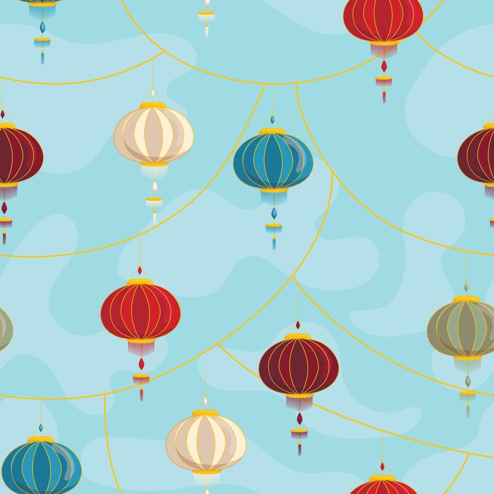 naadloze patroon van chinese lantaarns op de achtergrond van de lucht in een vlakke stijl. handgetekende papieren hanglamp. vectorillustratie op het thema van de Chinese cultuur en Nieuwjaar vector