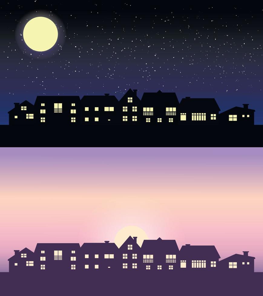 skyline silhouet bij dag en nacht. zwarte huizen silhouetten. gebouwen icoon voor mobiel concept en web app. woonhuis eigendom buitenaanzicht. vector
