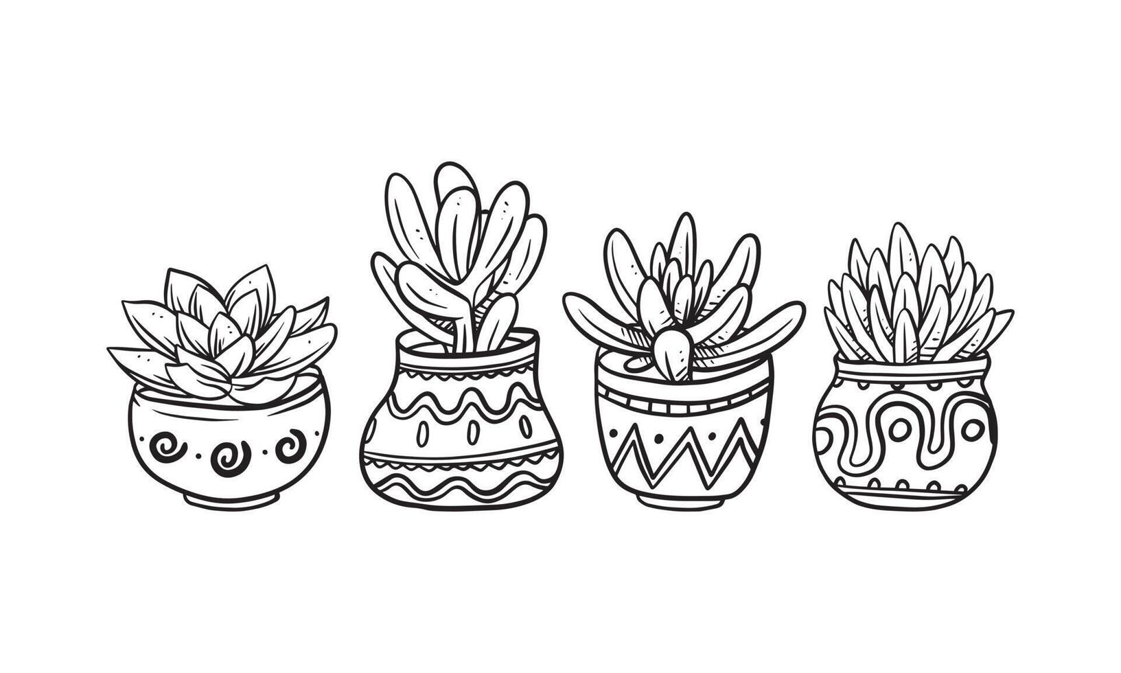 set van potplant hand getekende vectorillustratie, plant geïsoleerde grafische elementen voor ontwerp, succulente plant met bladeren illustratie om romantisch of vintage design te creëren vector