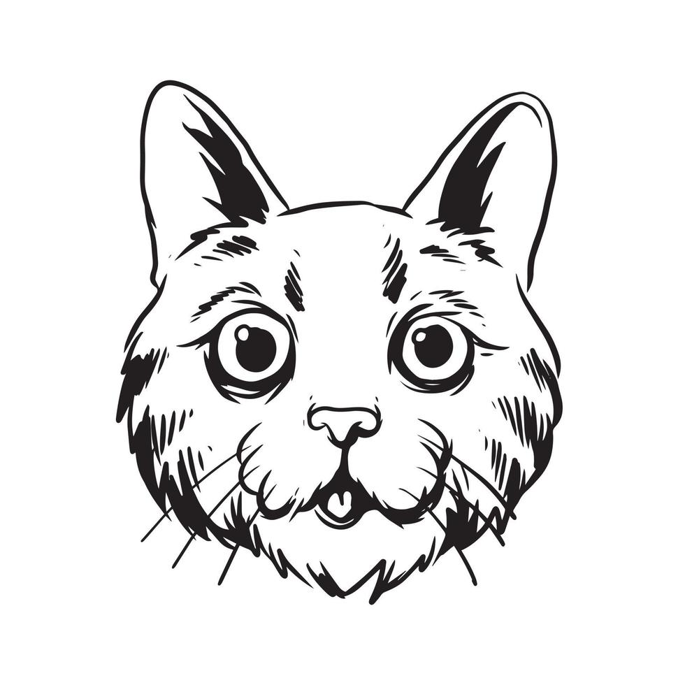 een kat met een schattige gezichtsillustratie. een handgetekende illustratie van een wild dierlijk hoofd. lijntekeningen voor embleem, poster, sticker, tatoeage, enz. vector
