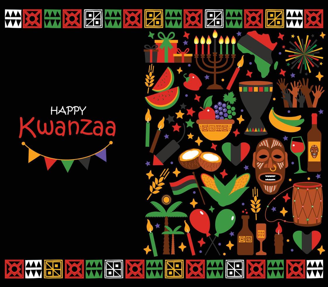 vectorkaart met inzameling van gelukkige kwanzaa. vakantie symbolen op zwarte achtergrond. vectorillustratie. vector