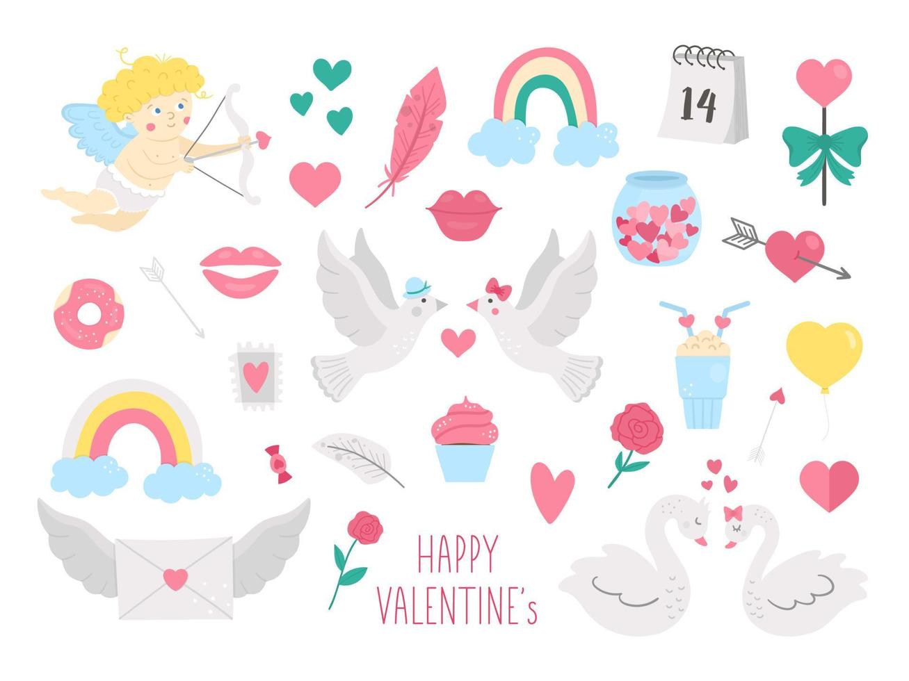 vector set heilige Valentijnsdag symbolen. verzameling schattige personages en objecten met liefdesconcept. cupido, duiven, harten en zwanen geïsoleerd op een witte achtergrond. februari vakantie illustratie