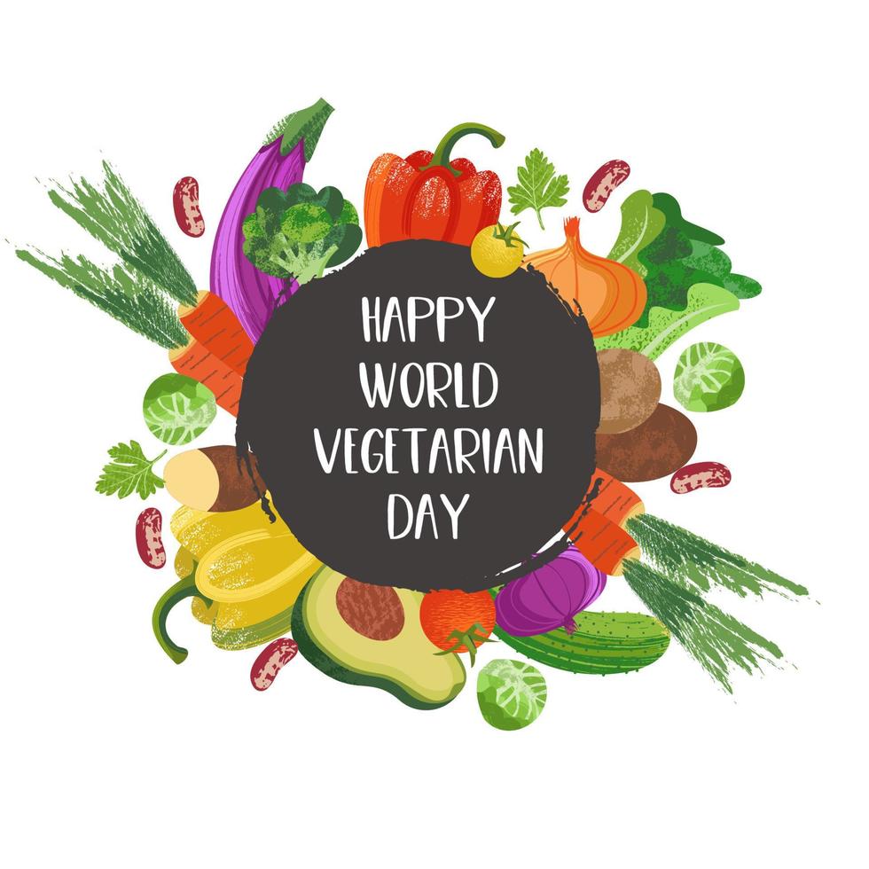 gelukkige wereld vegetarische dag. vectorillustratie met hand getrokken unieke texturen. vector