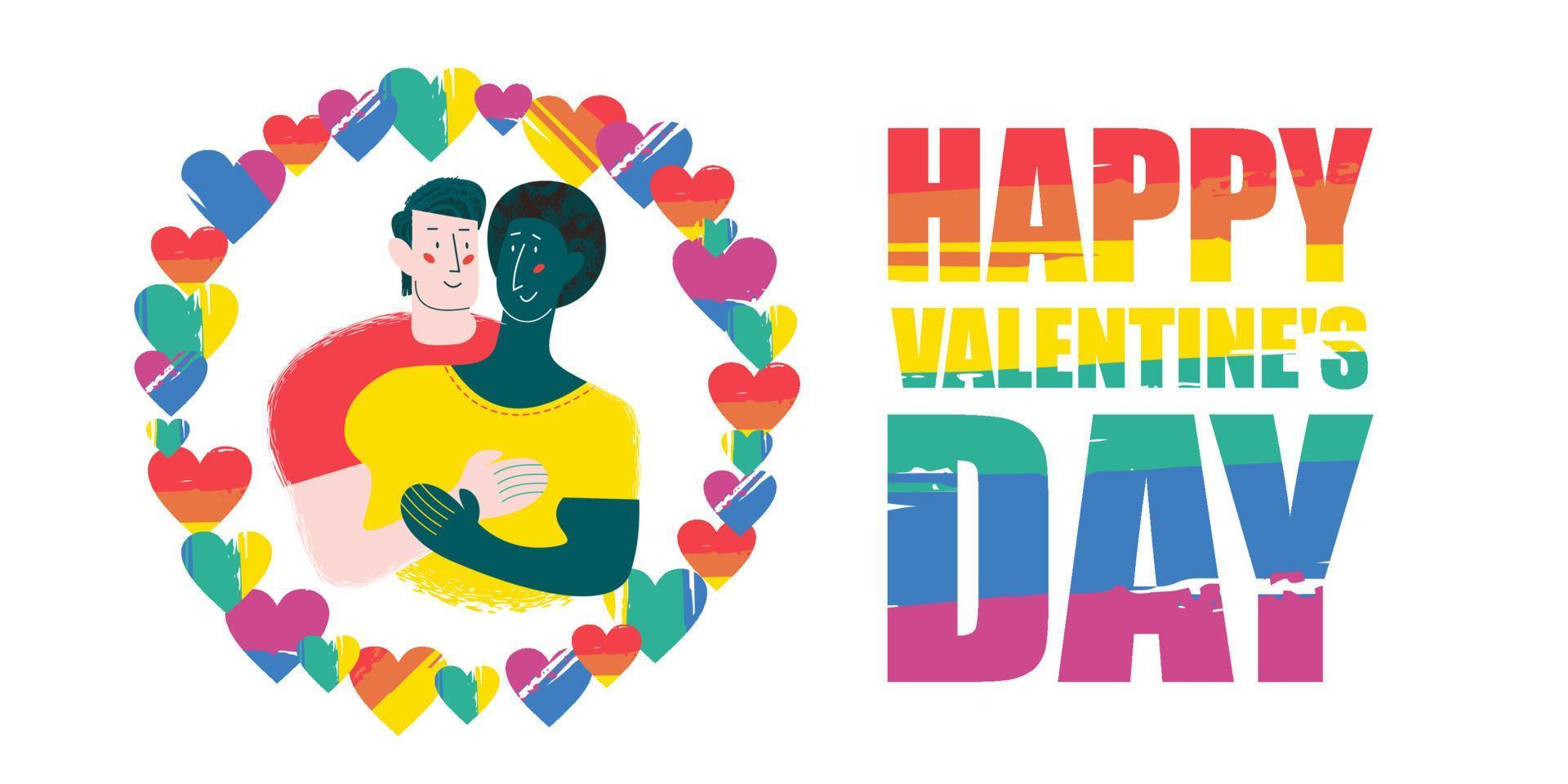 fijne Valentijnsdag. vectorillustratie op witte achtergrond. homopaar, ander ras. vector