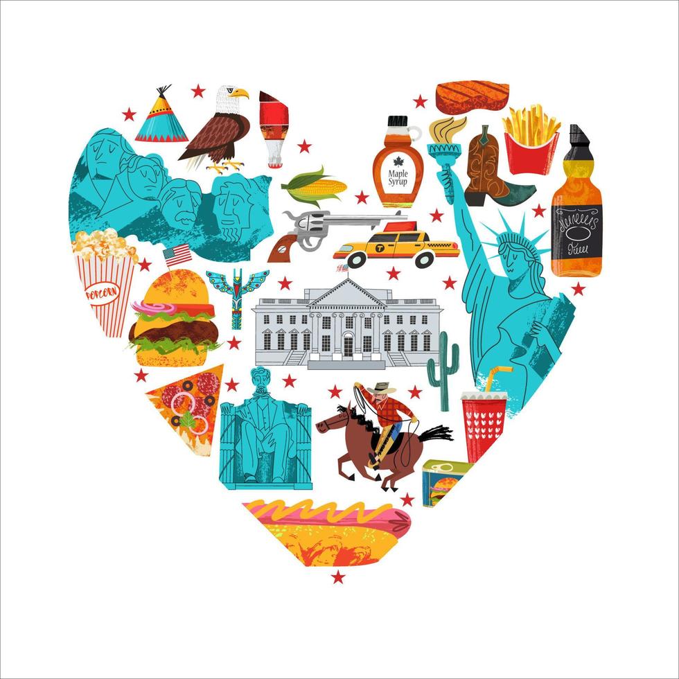 VS. geweldige verzameling items, attracties, tradities, souvenirs en eten van Amerika. vectorillustratie. vector