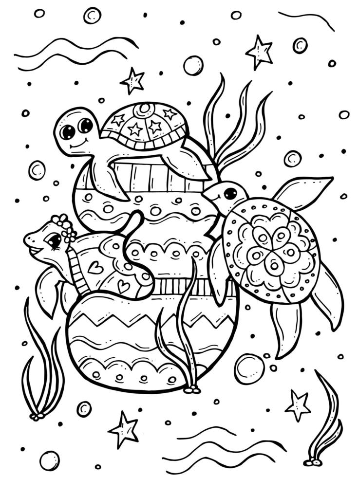 kleurboek voor kinderen. handgetekende doodle vectorillustratie met cijfers en dieren. drie zeeschildpadden zwemmen met bubbels. vector
