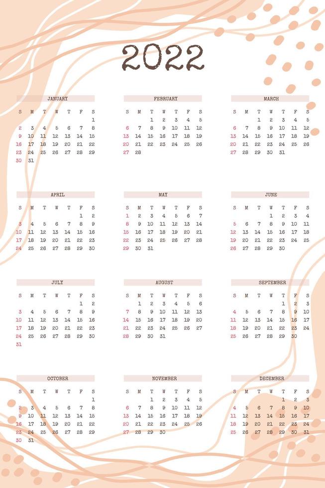 2022 kalender met trendy handgetekende organische vormen en bloemen botanische elementen in beige neutraal palet vector